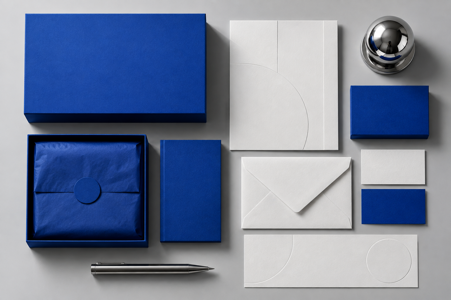 Generated branding concept with cobalt blue packaging and blank stationery