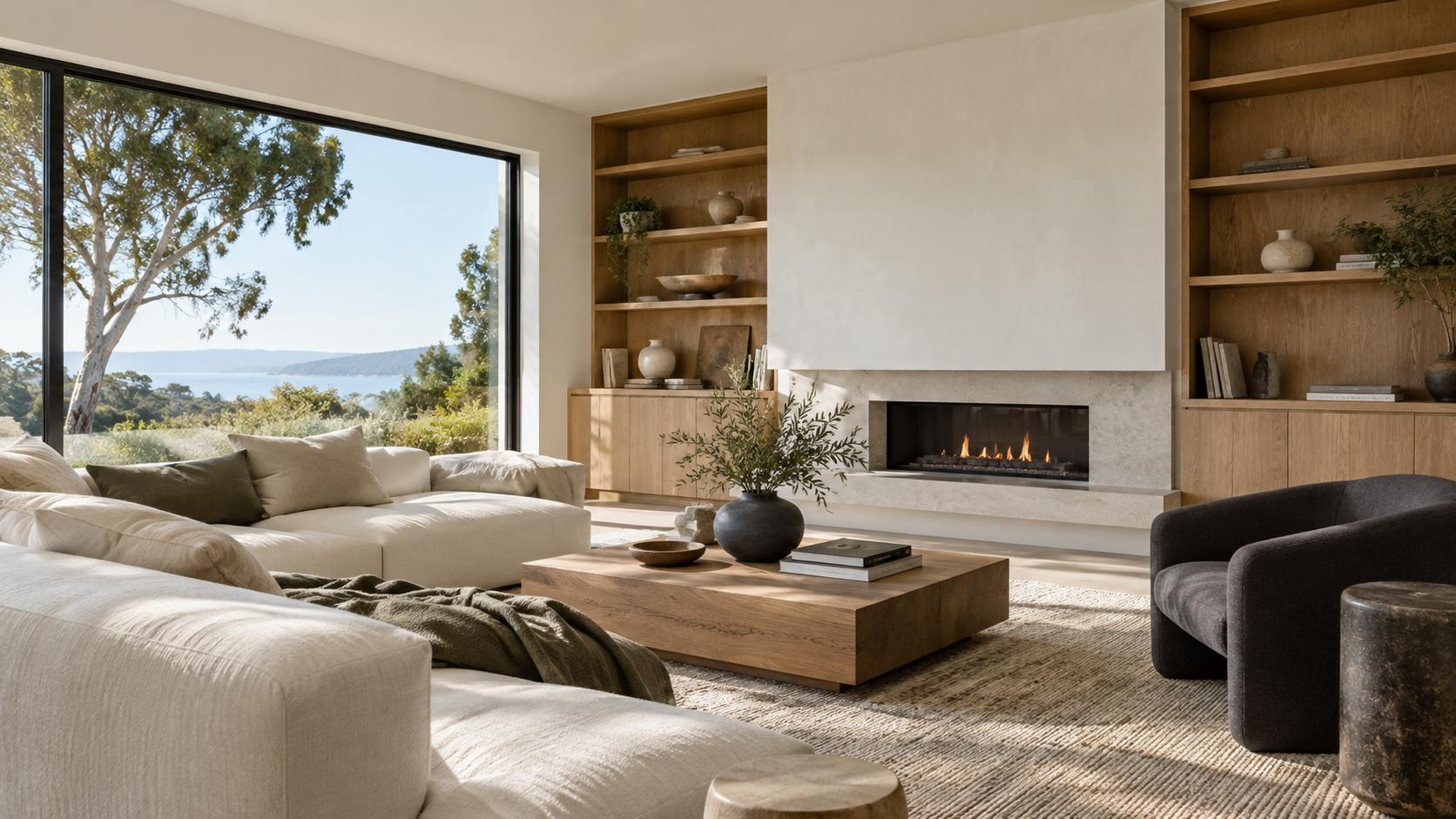 Generated living room concept with oak cabinetry and natural daylight