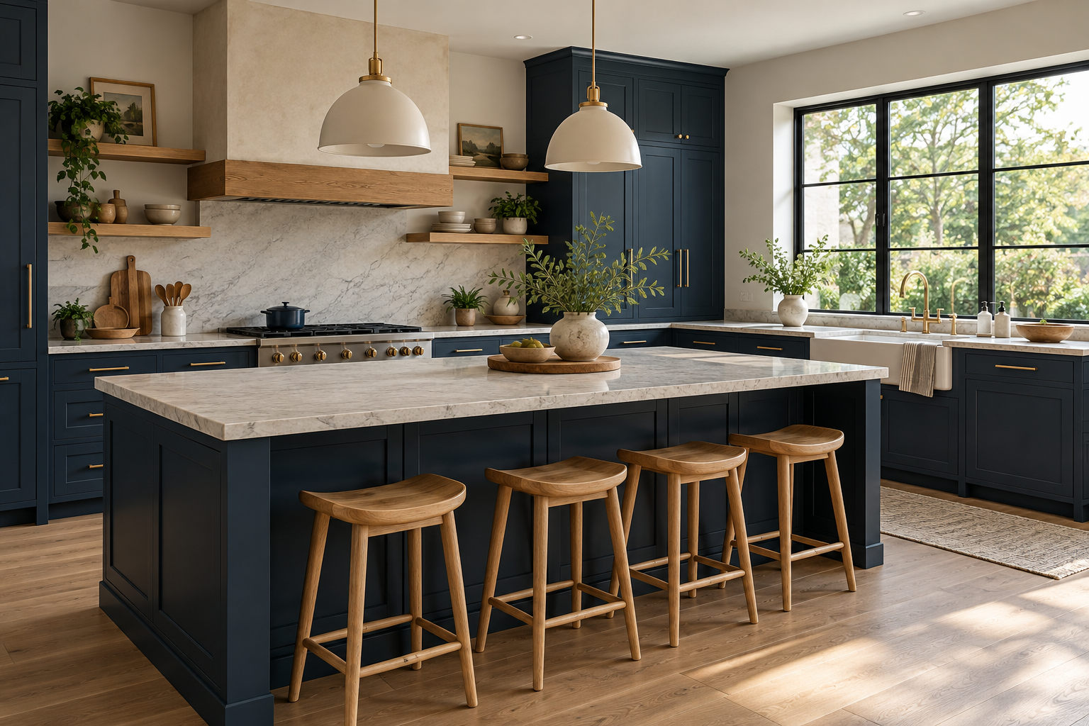 Generated kitchen renovation concept with navy cabinetry and oak details